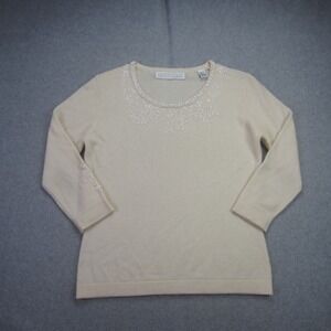 VALERIE STEVENS Sweater Womens Small Cream Two Ply Cashmere  Beaded Neckline